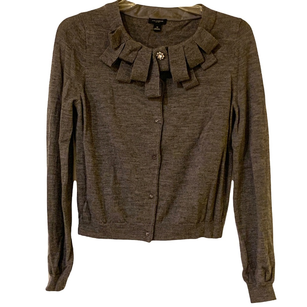 Ann Taylor cropped cardigan sweater merino wool ribbon buttons dark academia!